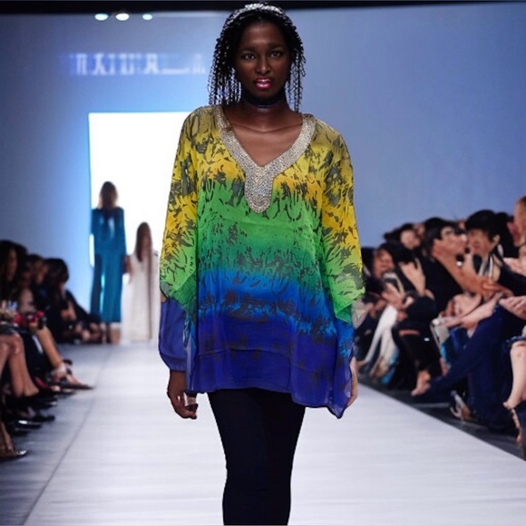 Joan Boyce Multi Color Chiffon Tunic V-Neck w/Silver Beaded Trim Missy NWT $99 - Picture 4 of 15